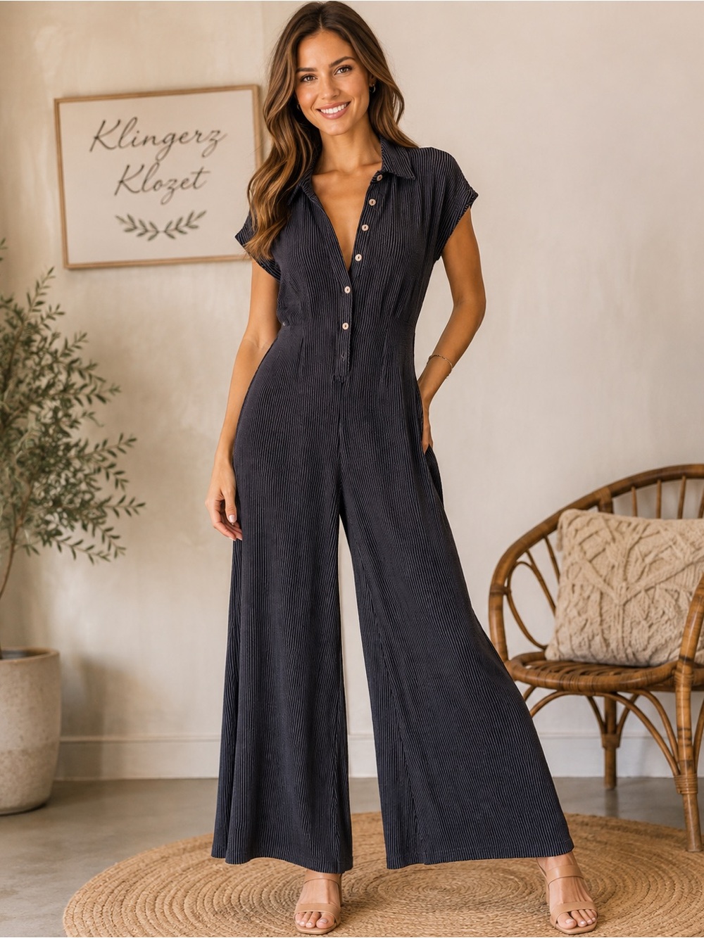 So Me Textured Ribbed Wide Leg Jumpsuit Size Medium